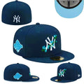 New York Yankees 59FIFTY Hat with Blue Floral Embroidery and World Series Patch - Royal Blue