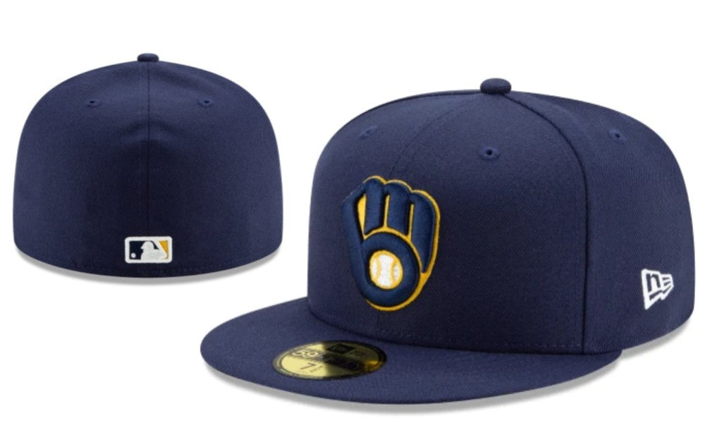 Milwaukee Brewers Navy Blue Fitted Cap with Gold and White Glove Logo