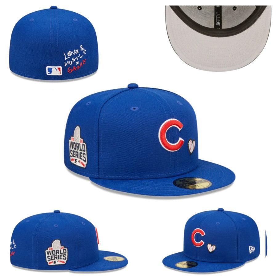 Chicago Cubs World Series Champions Royal Blue Fitted Cap - Commemorative Love & Hustle Edition