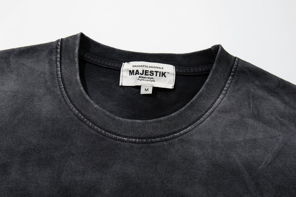 MAJESTIK Washed Black Distressed Graphic T-Shirt — neck_label