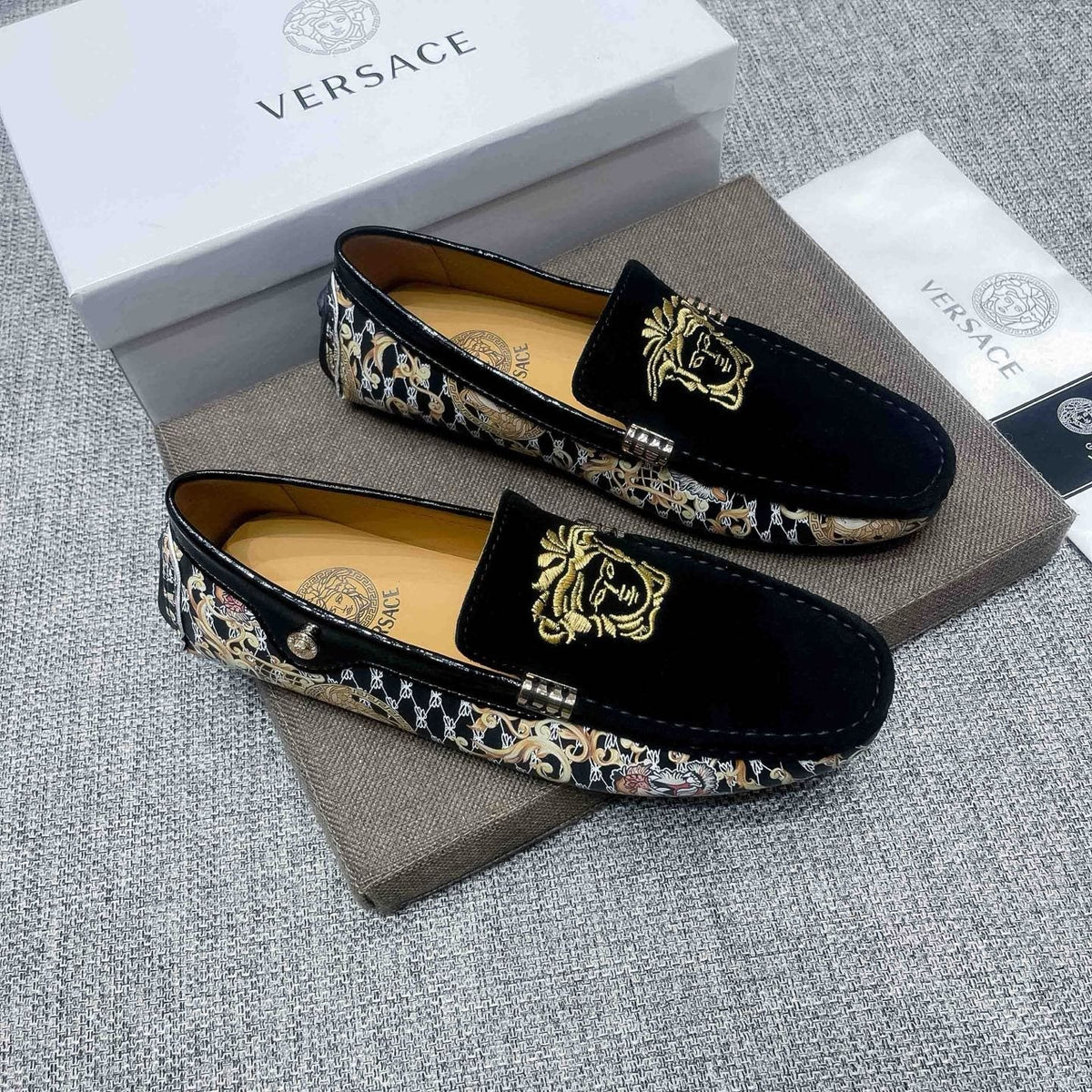 Versace Black Patterned Side Loafers — hero