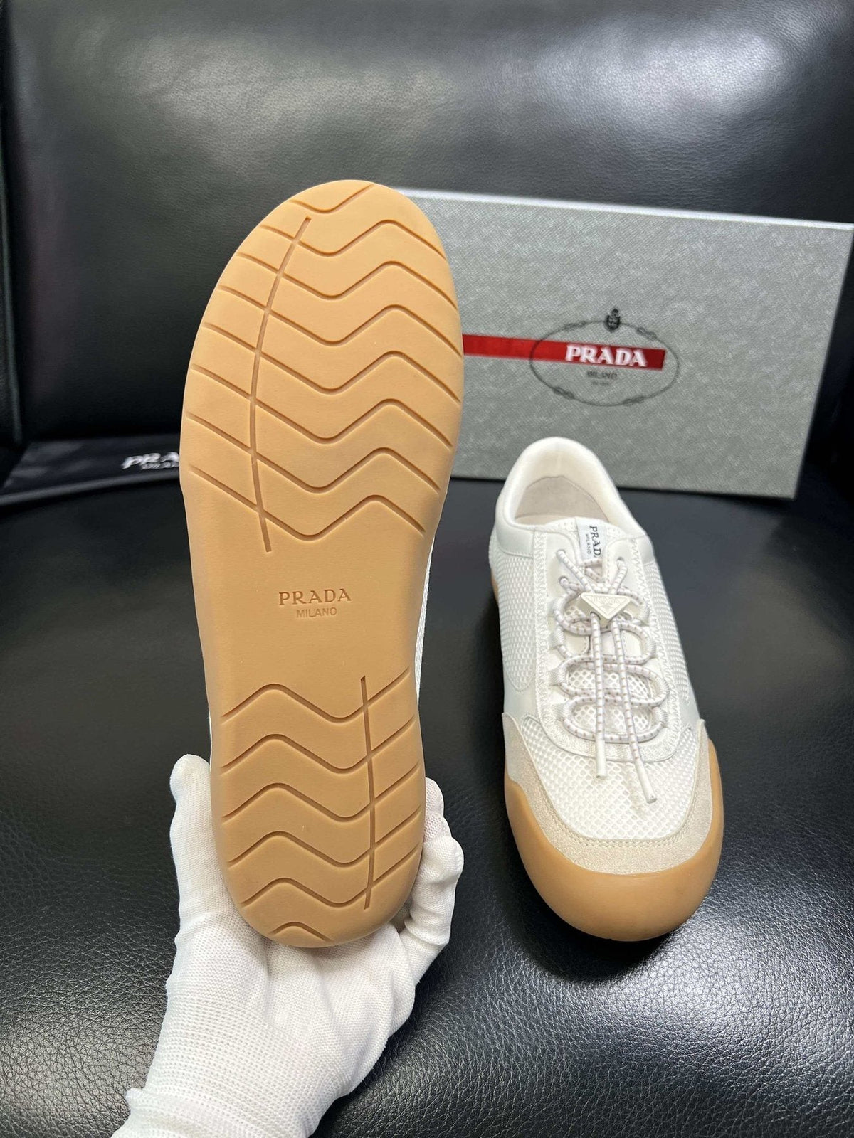 Prada White Gum Sole Low-Top Sneakers — side