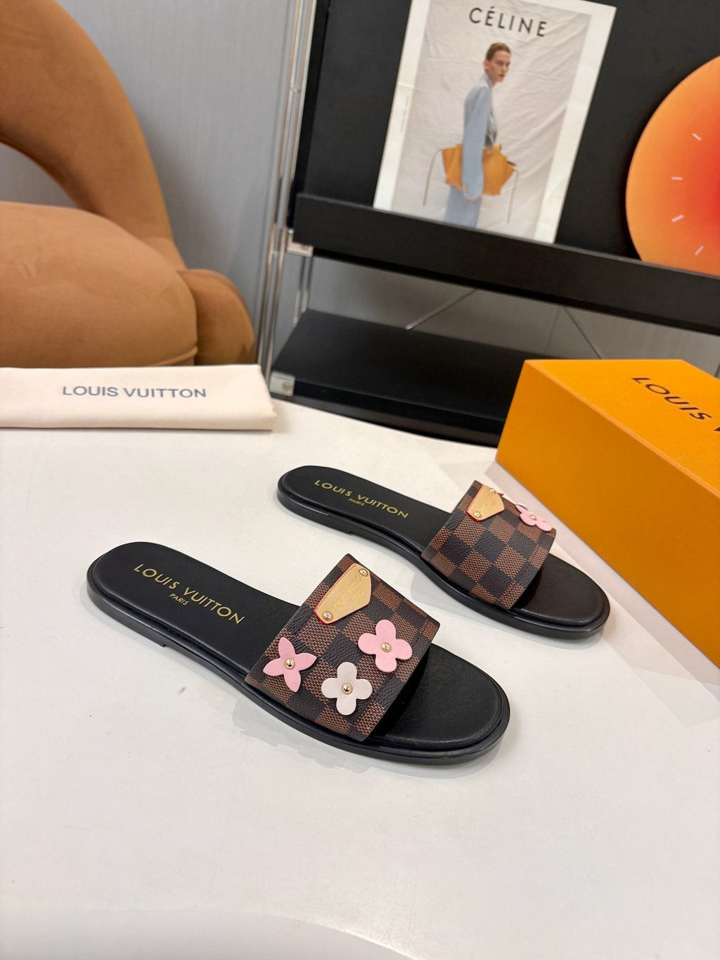 Louis Vuitton Floral Checkered Slide Sandals — front