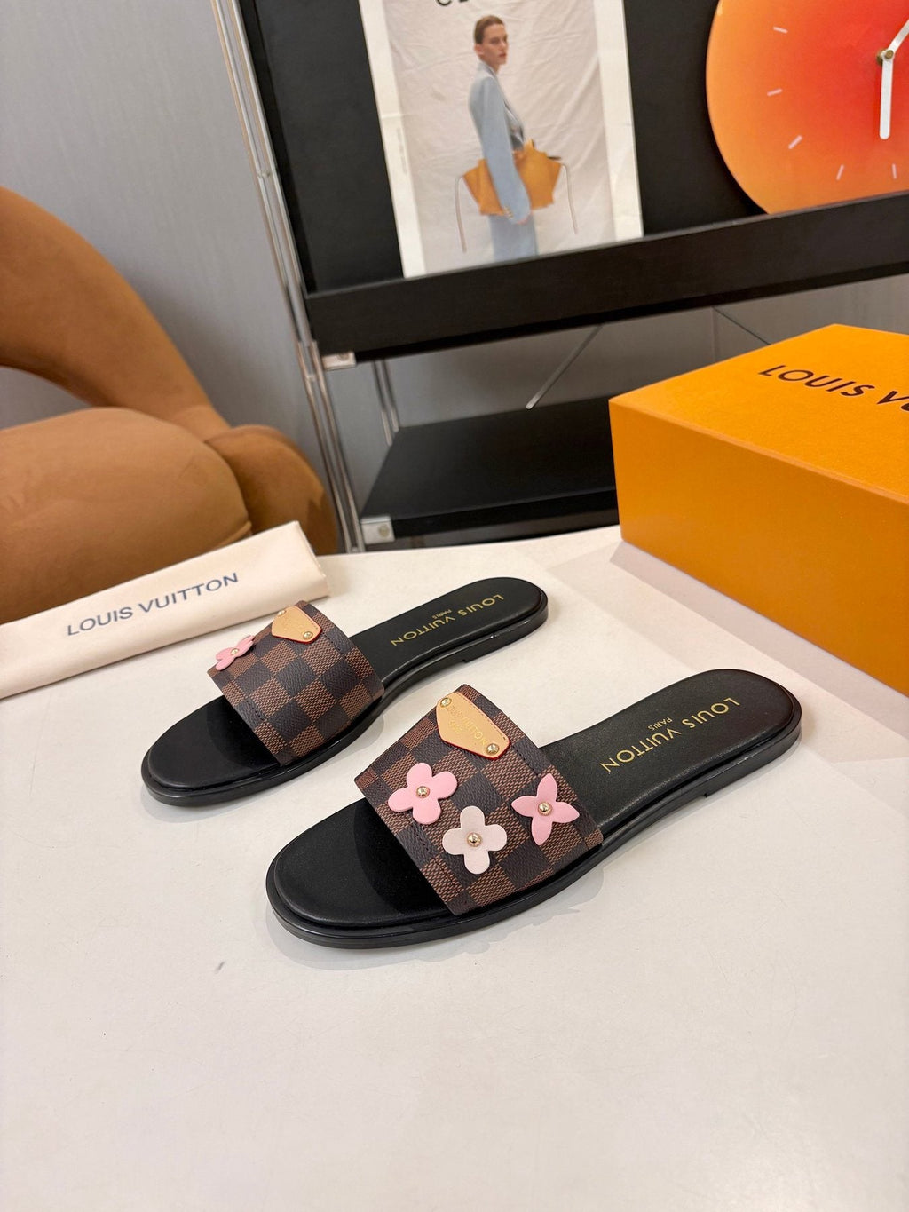 Louis Vuitton Floral Checkered Slide Sandals — front