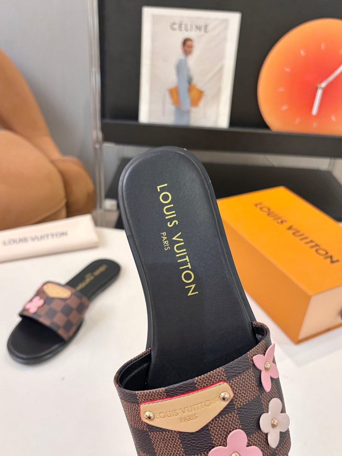 Louis Vuitton Floral Checkered Slide Sandals — front
