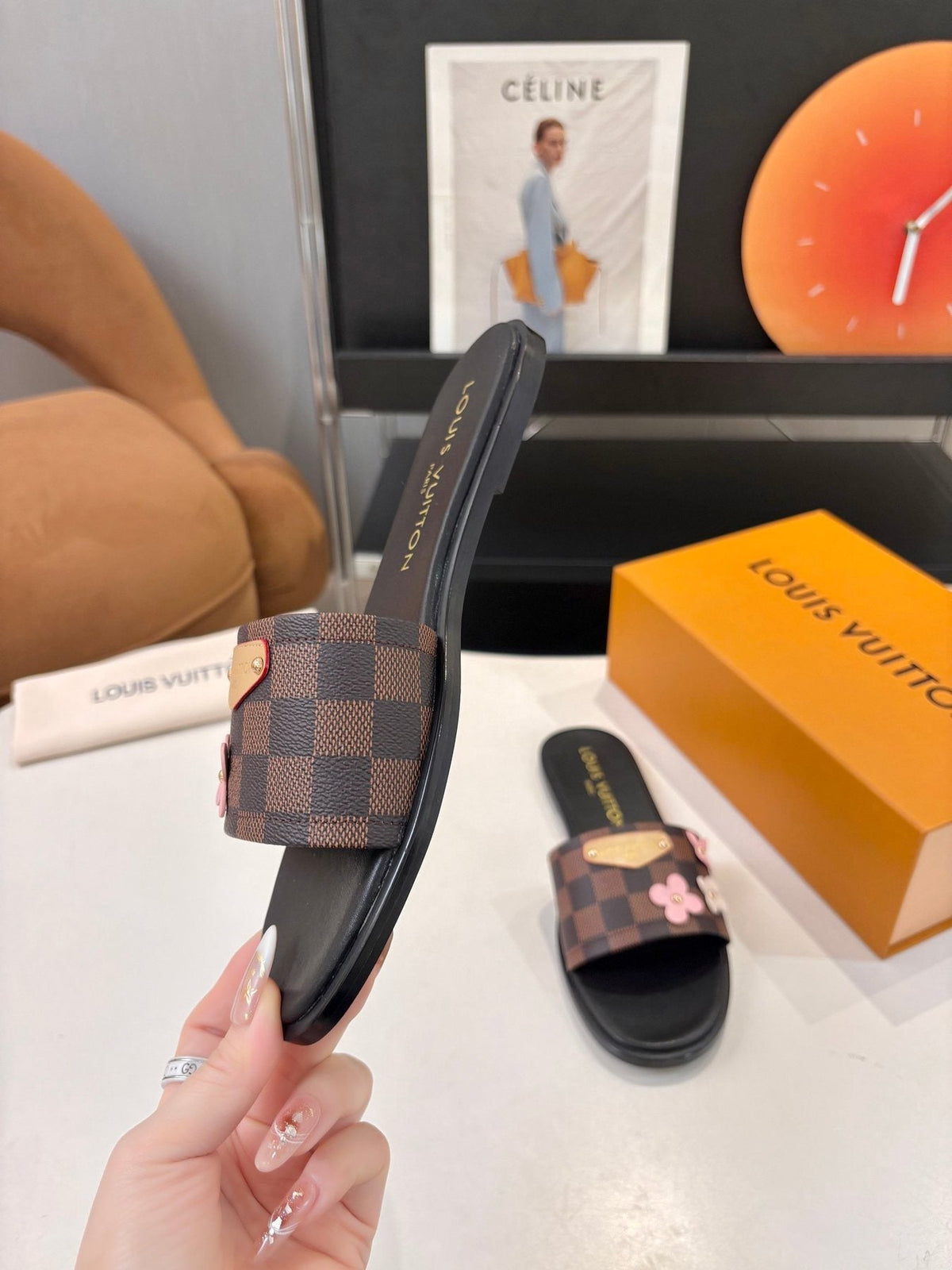 Louis Vuitton Floral Checkered Slide Sandals — side