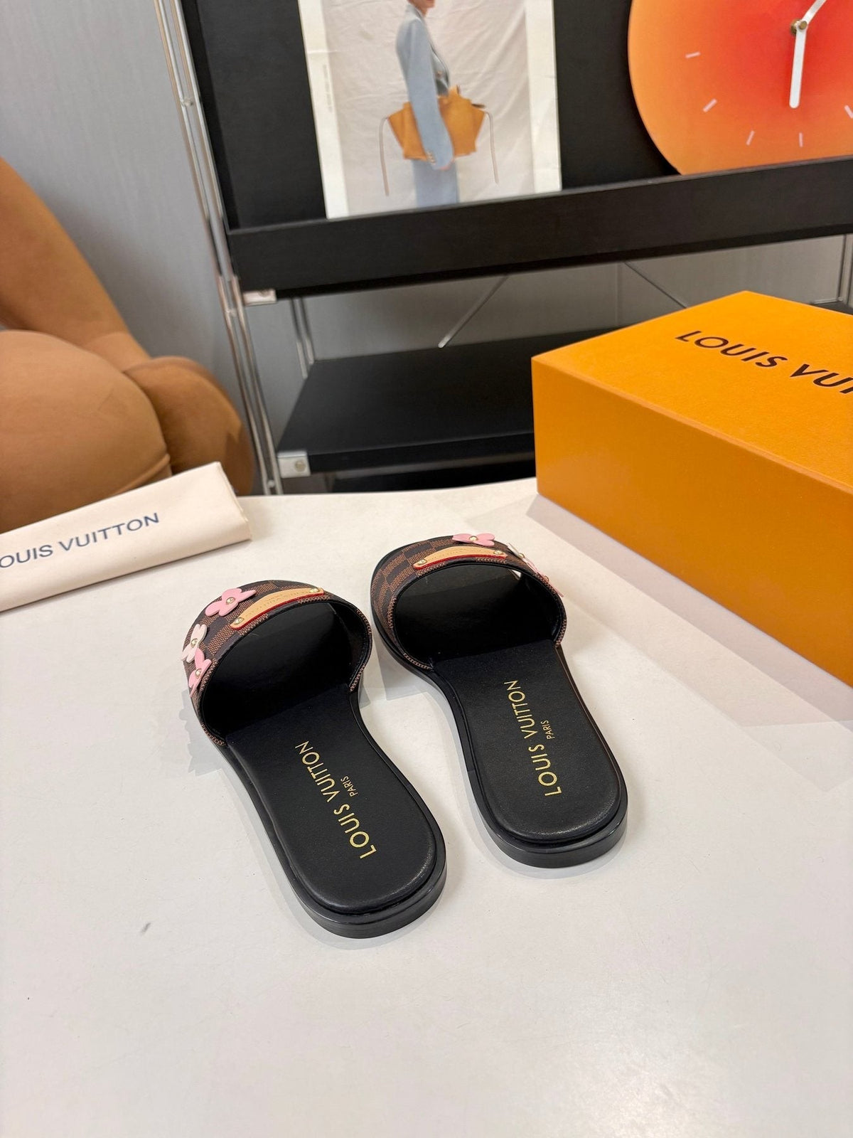 Louis Vuitton Floral Checkered Slide Sandals — front