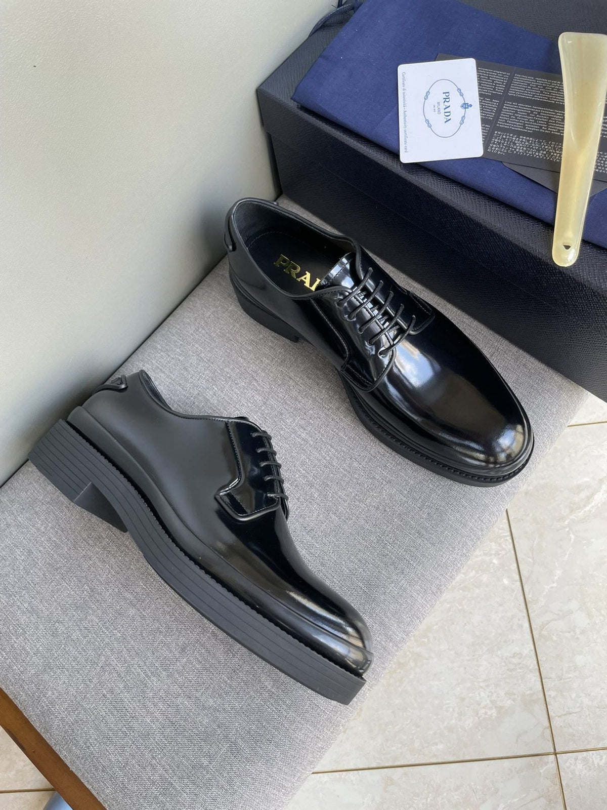 Prada Black Glossy Oxford Shoes — side