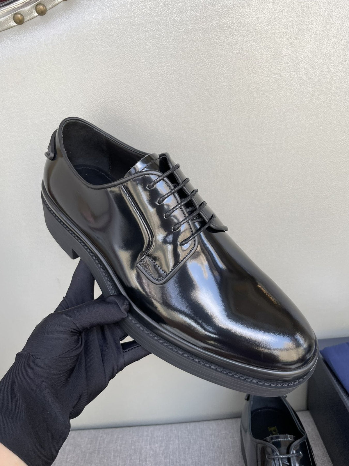 Prada Black Glossy Oxford Shoes — model