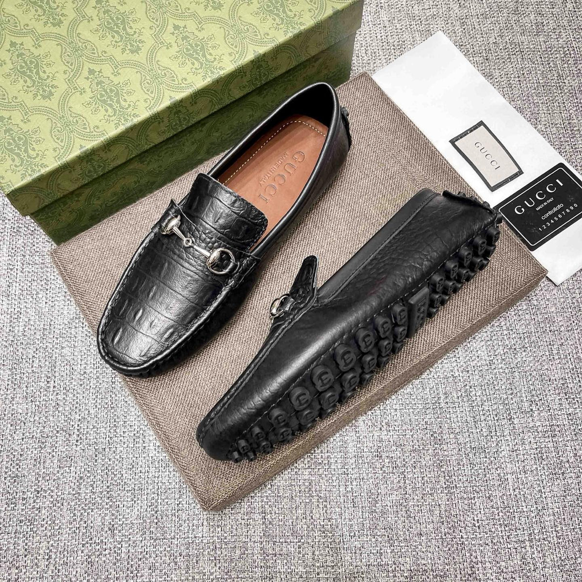 Gucci Black Textured Loafers — side
