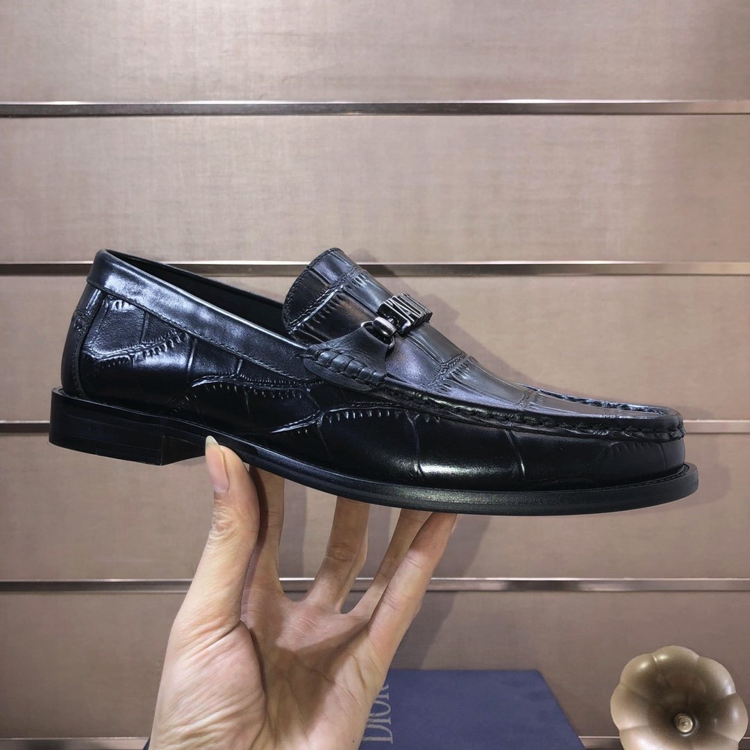 Dior Black Croc-Embossed Logo Loafers — side