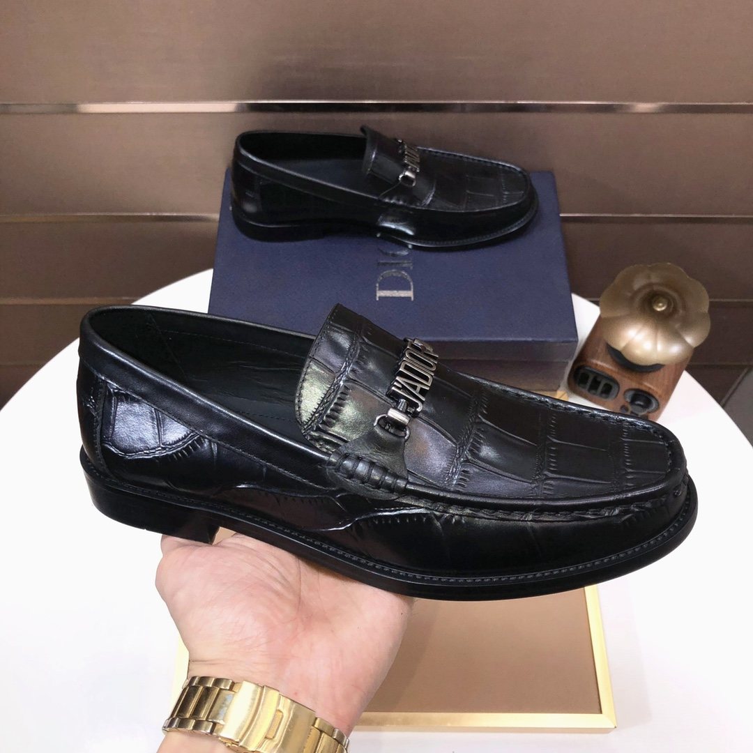 Dior Black Croc-Embossed Logo Loafers — side