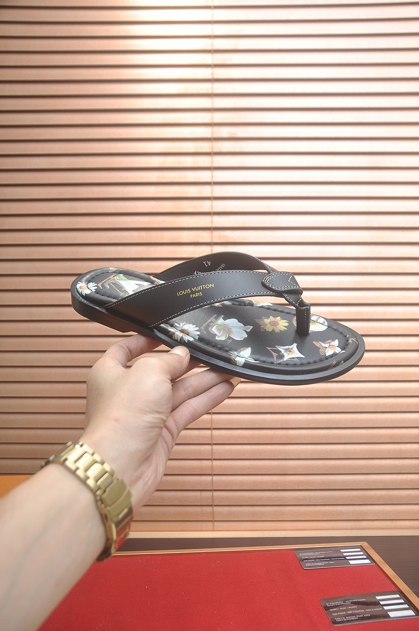 Louis Vuitton Black Floral Print Thong Sandals — model