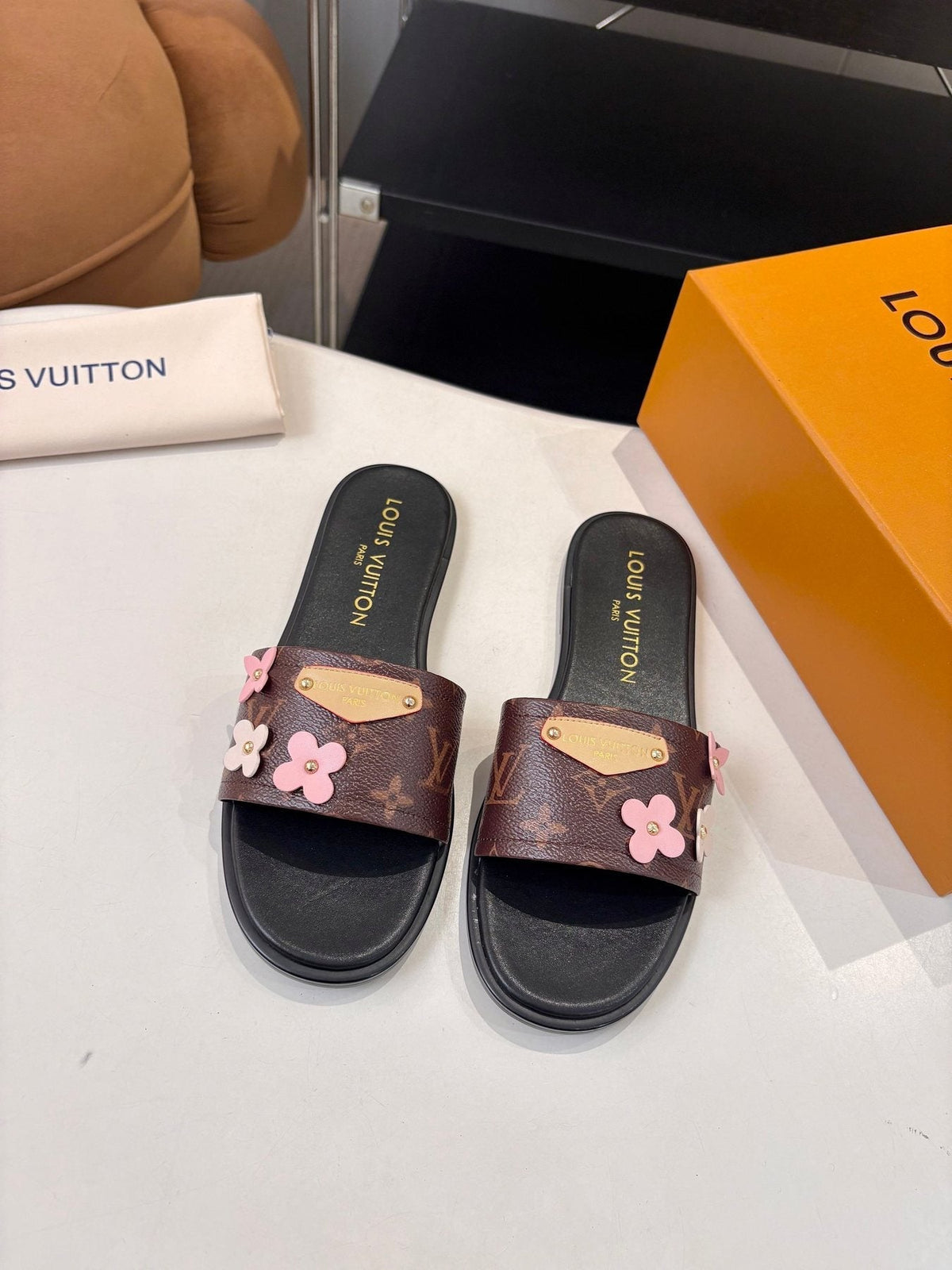 Louis Vuitton Floral Slide Sandals — front