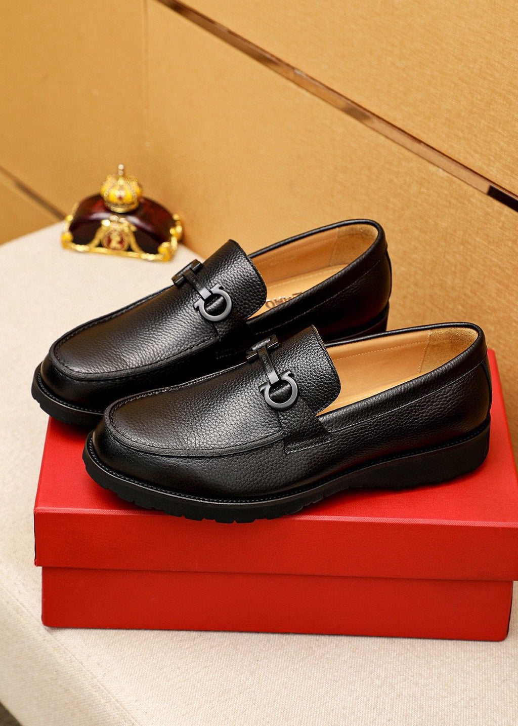 Ferragamo Black Textured Leather Slip-On Loafers — front