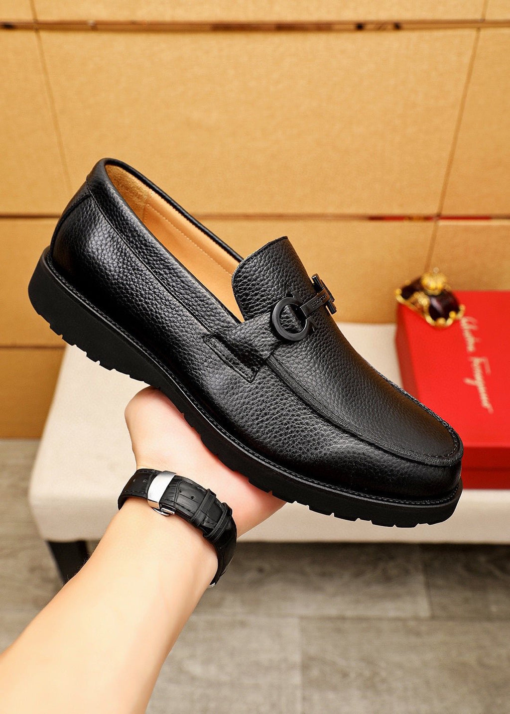 Ferragamo Black Textured Leather Slip-On Loafers — side