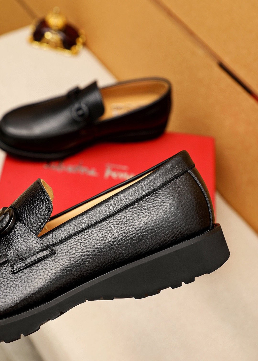 Ferragamo Black Textured Leather Slip-On Loafers — side