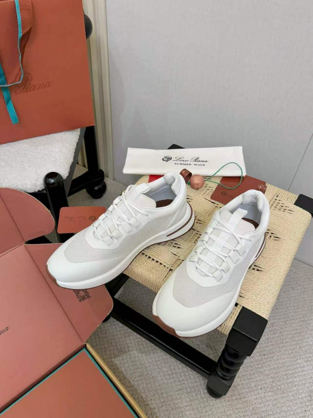 Loro Piana White and Gray Low-Top Sneakers — front