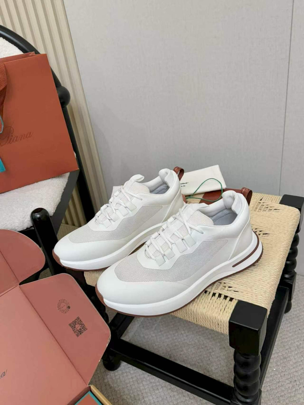 Loro Piana White and Gray Low-Top Sneakers — front