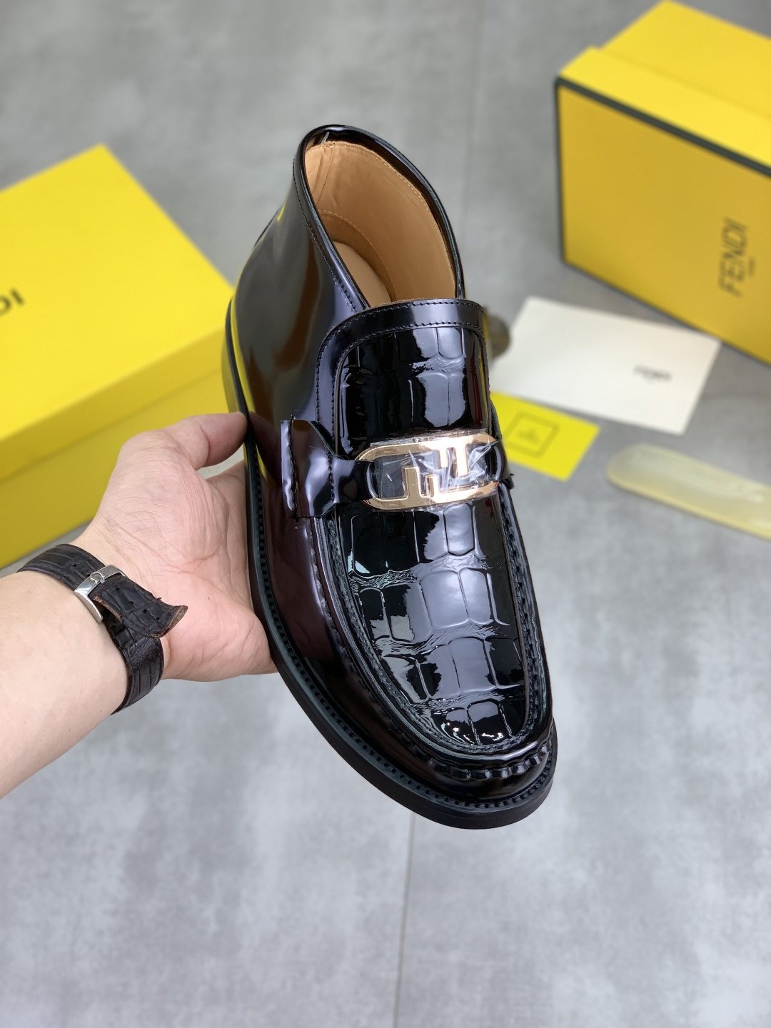 Fendi Black Glossy Buckle Loafers — front