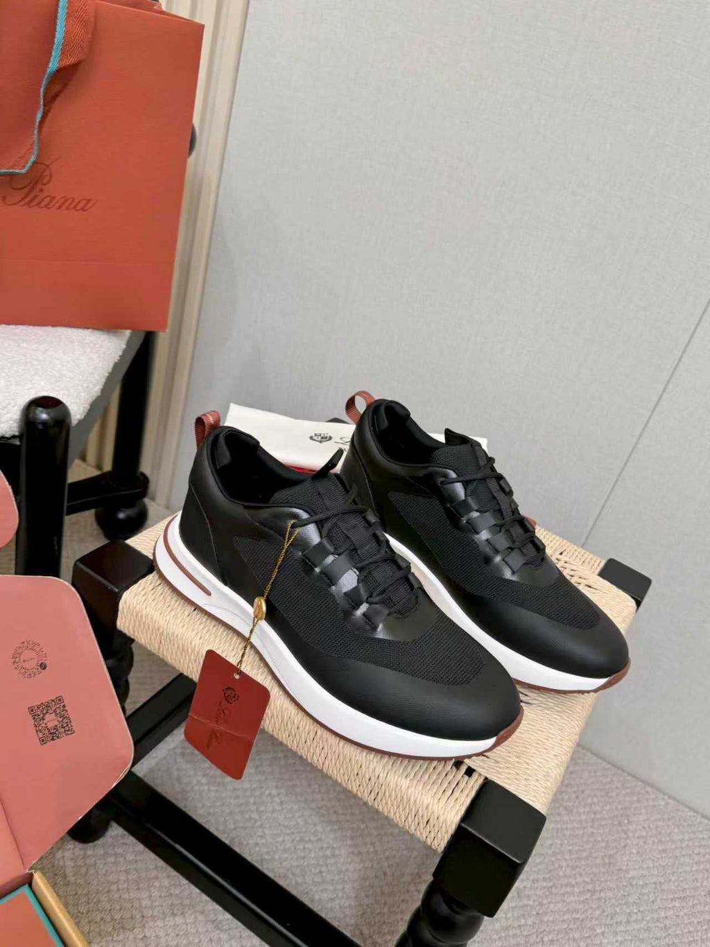Loro Piana Black Leather Low-Top Sneakers — side