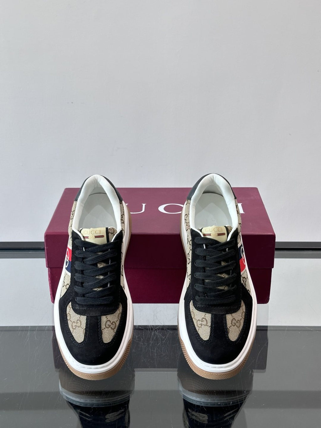 Gucci Black Beige Web Stripe Sneakers — front