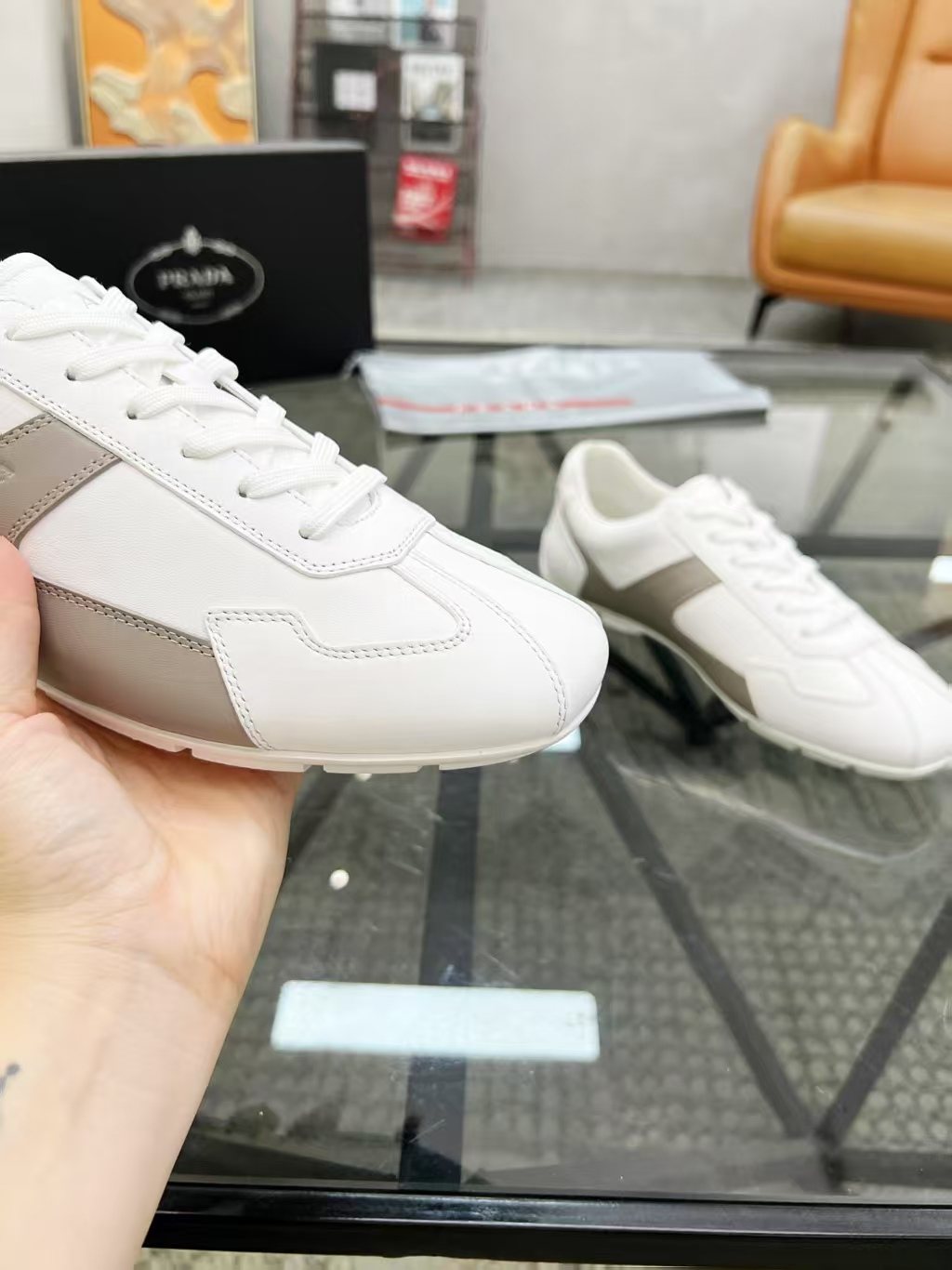 Prada White and Taupe Low-Top Sneakers — detail