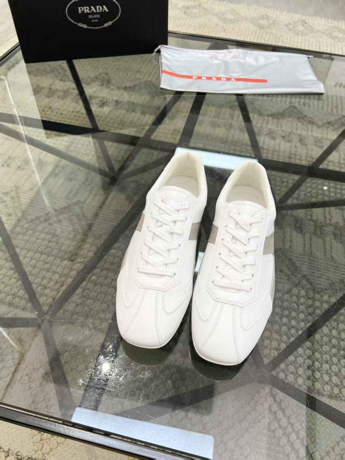 Prada White and Taupe Low-Top Sneakers — front