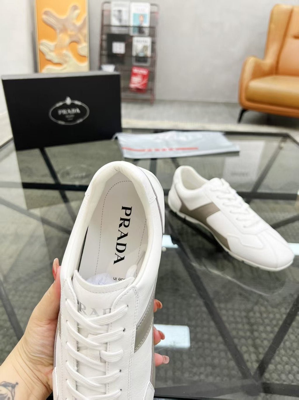 Prada White and Taupe Low-Top Sneakers — front