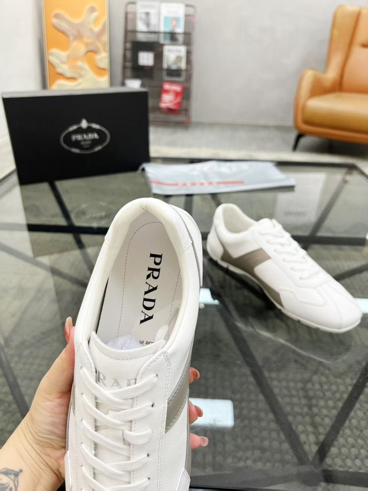 Prada White and Taupe Low-Top Sneakers — front