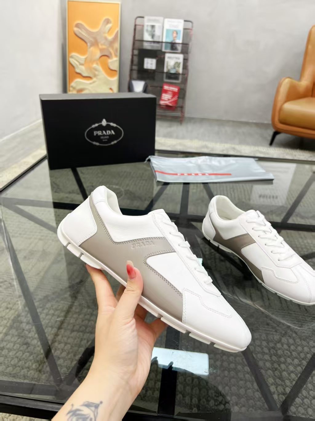 Prada White and Taupe Low-Top Sneakers — side