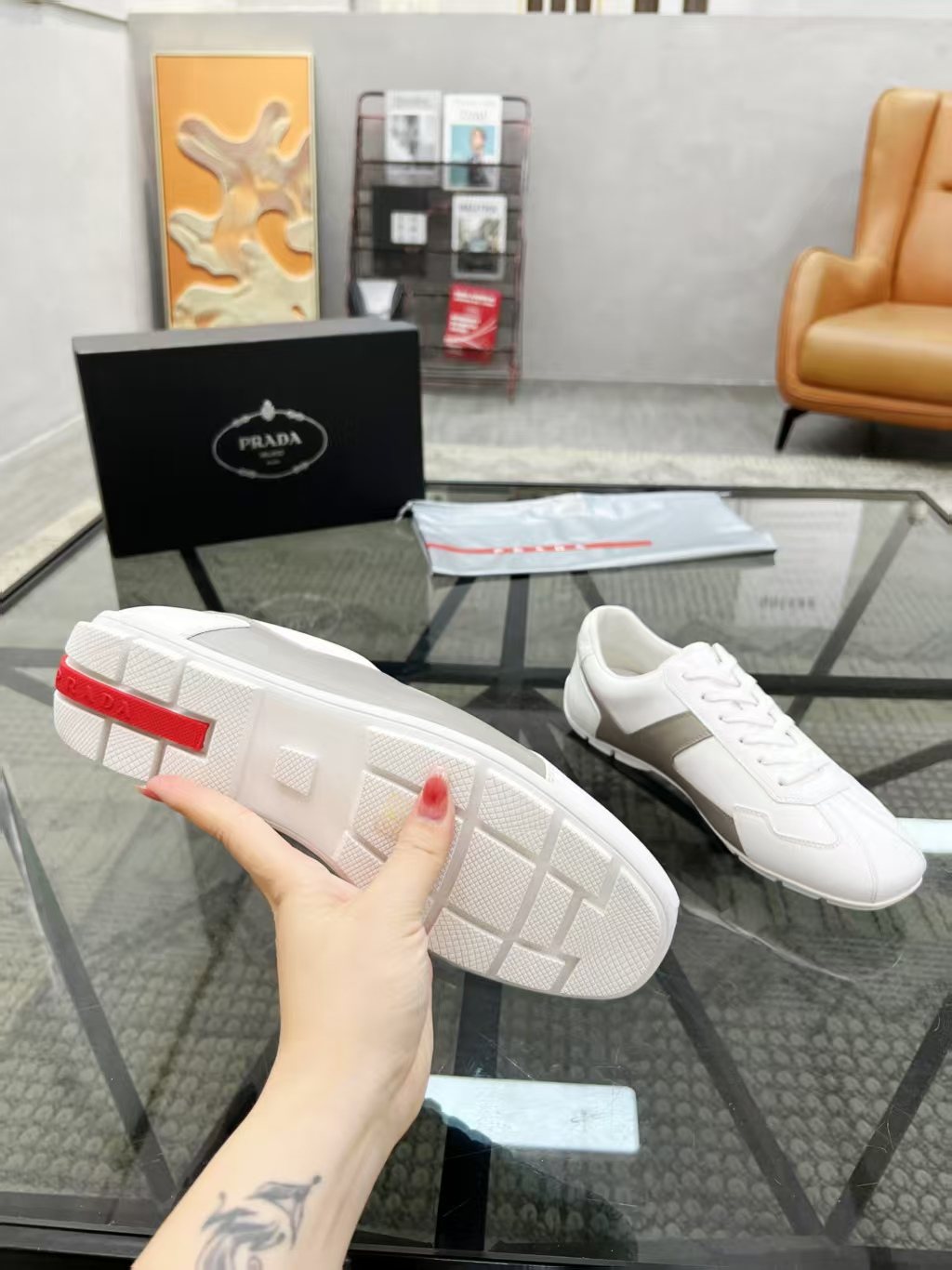 Prada White and Taupe Low-Top Sneakers — detail