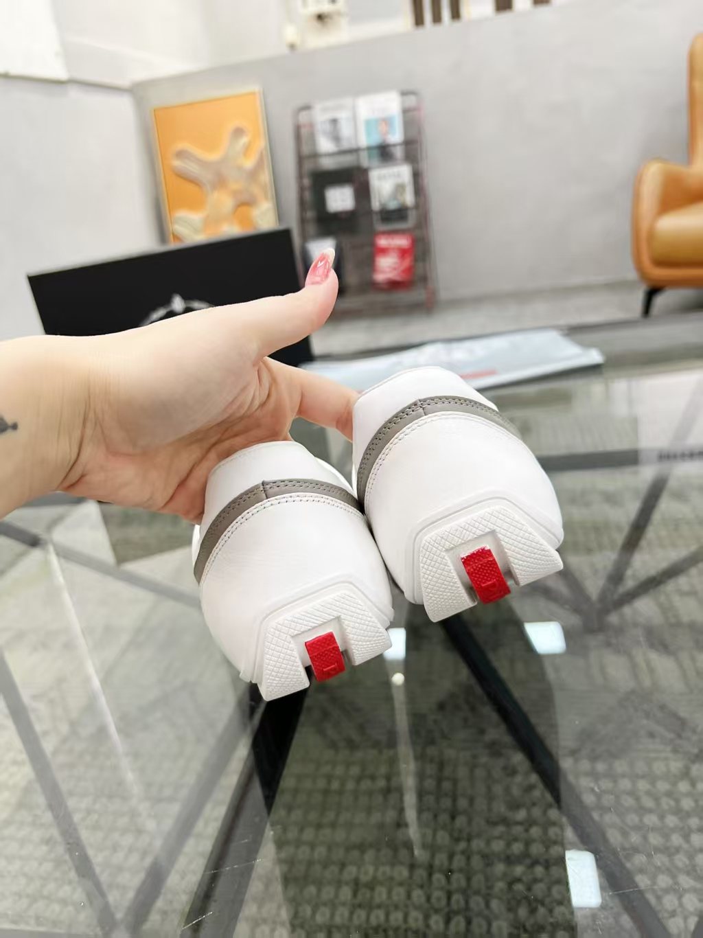 Prada White and Taupe Low-Top Sneakers — back