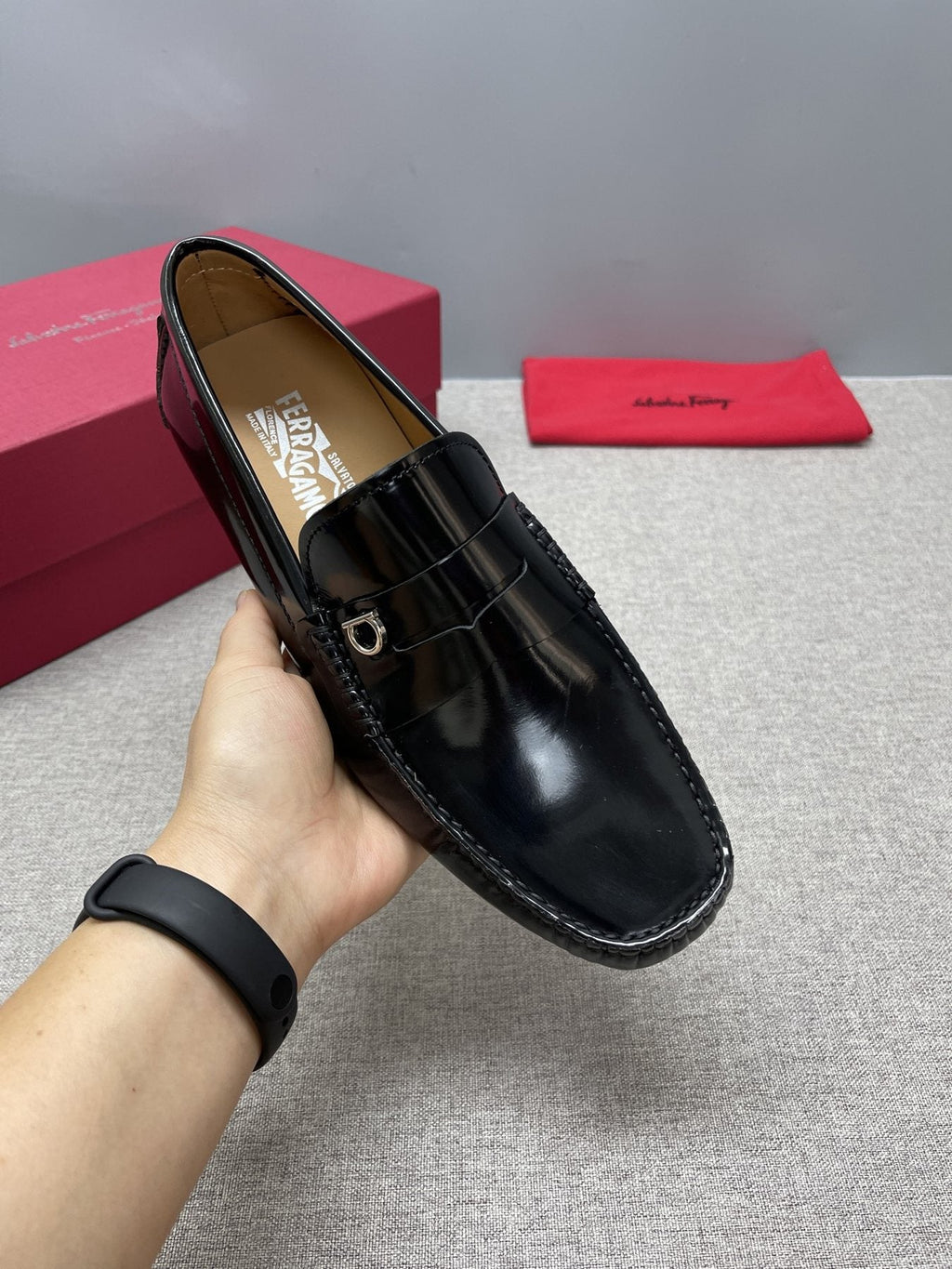 Ferragamo Black Buckle Driving Loafers — model