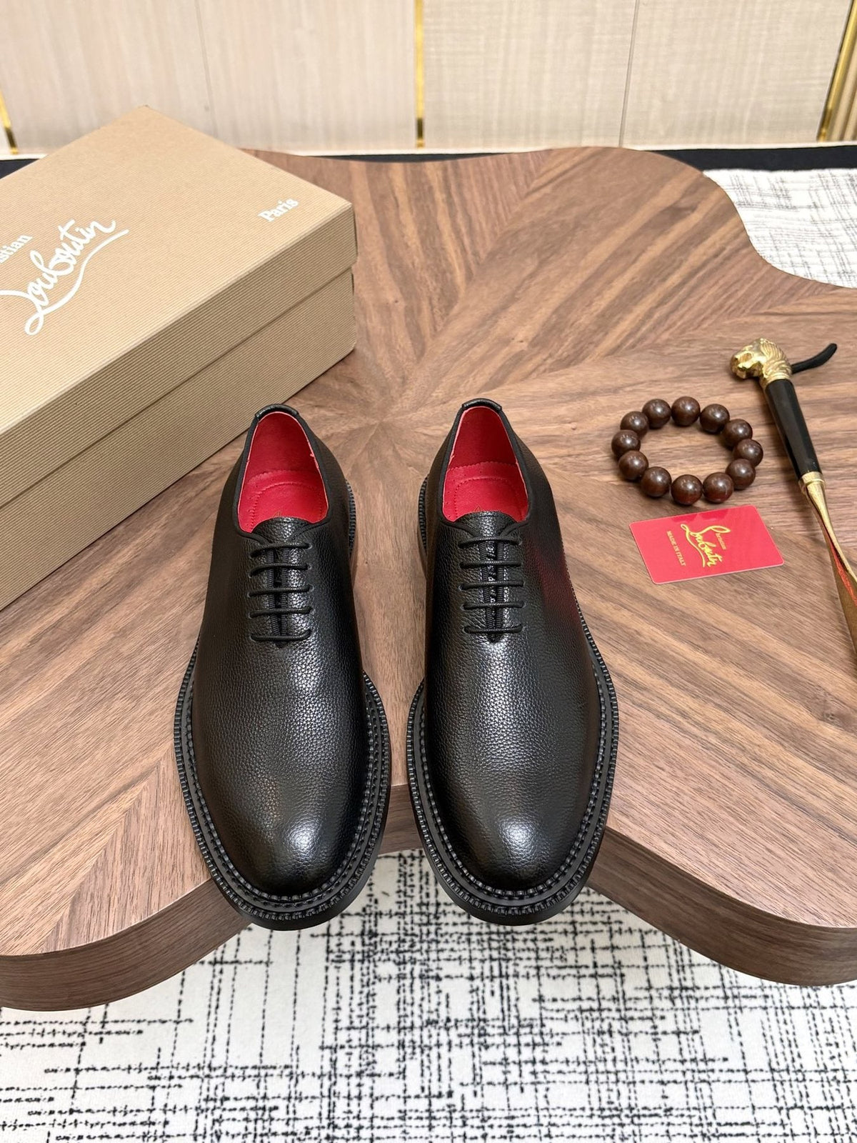 Black Lace-Up Dress Shoes with Red Lining — front