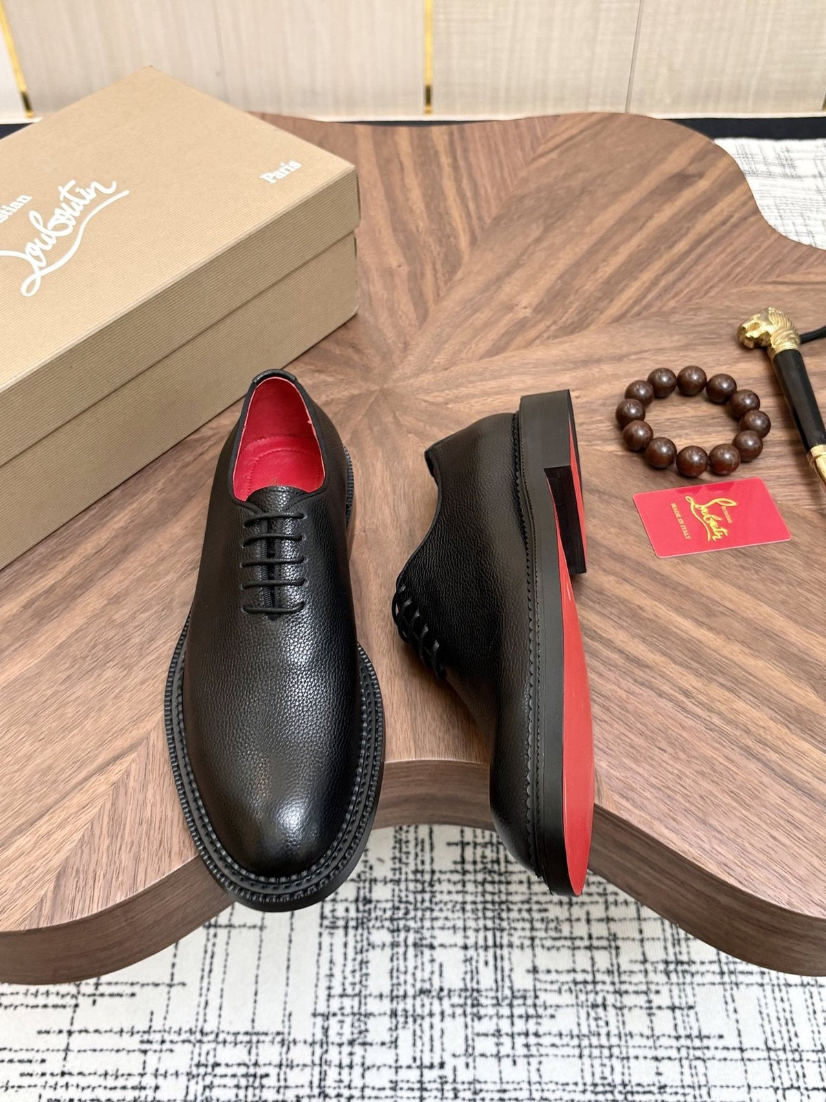 Black Lace-Up Dress Shoes with Red Lining — front