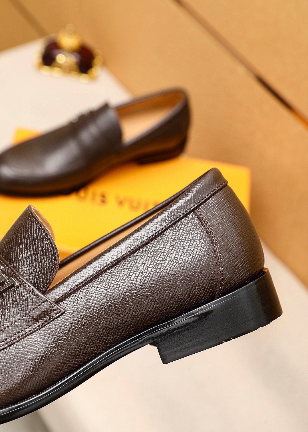 Louis Vuitton Dark Brown Textured Loafers — detail