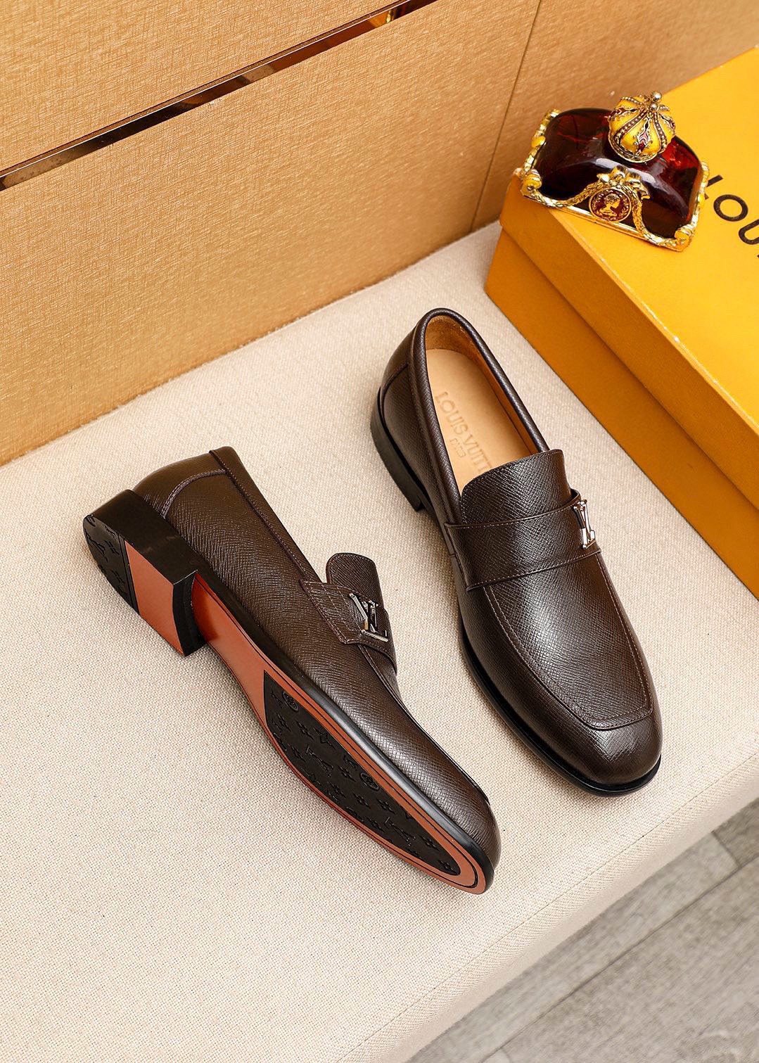 Louis Vuitton Dark Brown Textured Loafers — front