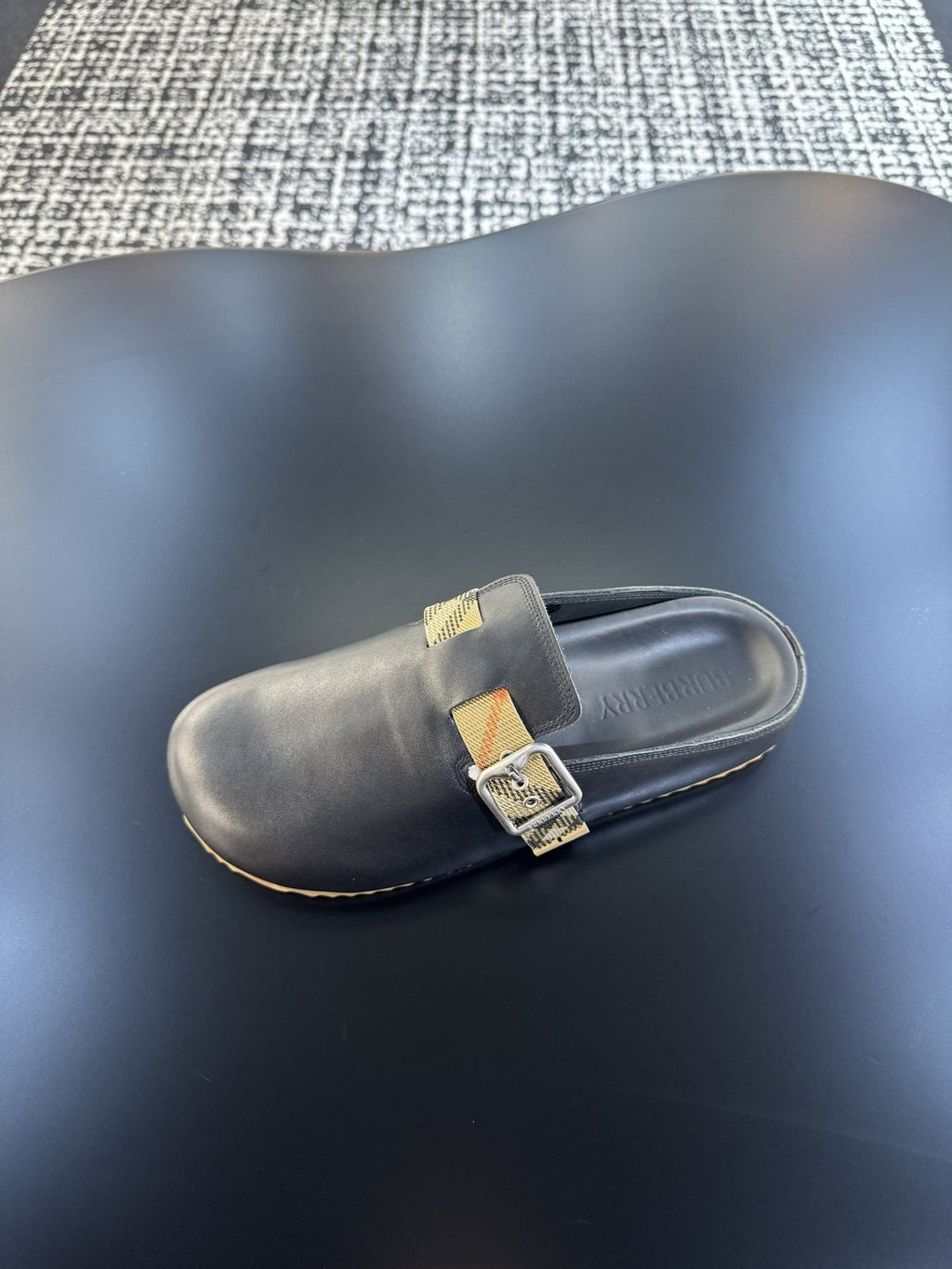 Burberry Black Plaid Buckle Mule Sandals — detail