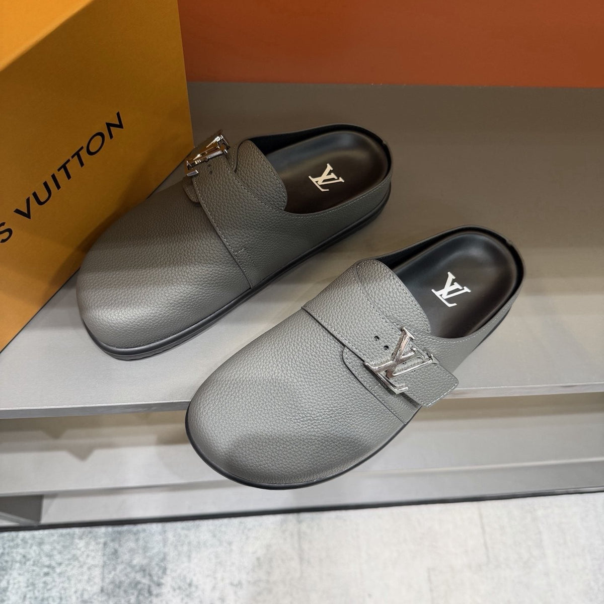 Louis Vuitton Light Gray Monogram Slip-On Sandals — front