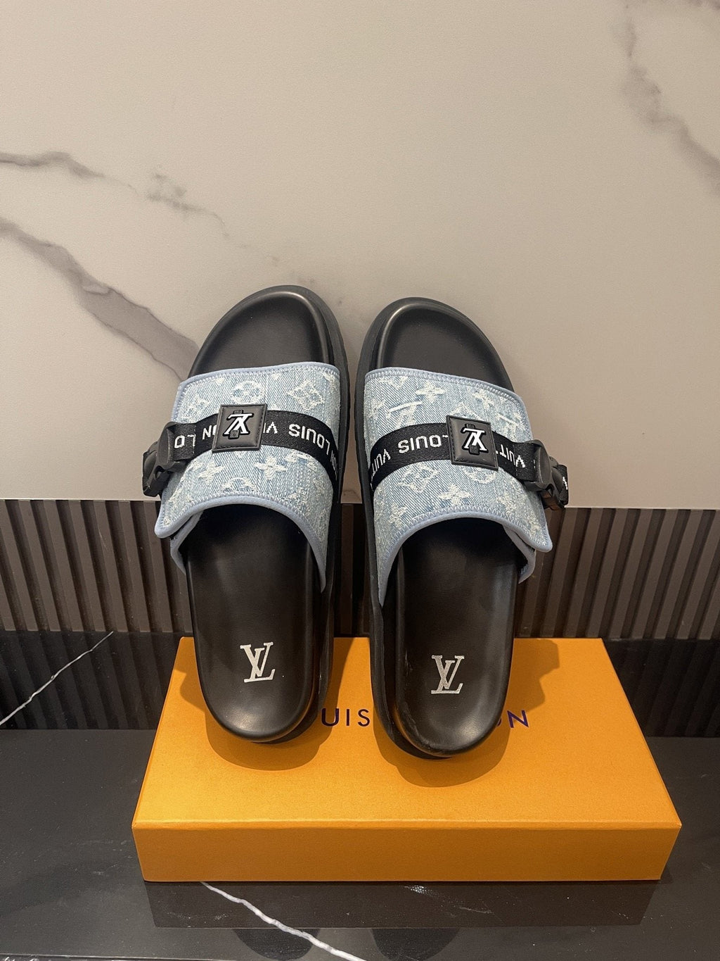 Louis Vuitton Light Blue and Black Slide Sandals — hero