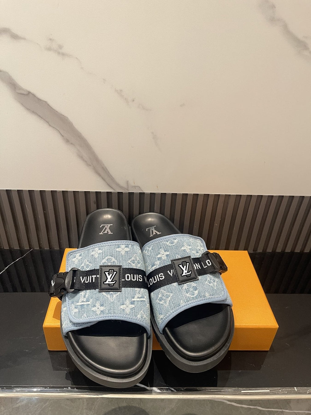 Louis Vuitton Light Blue and Black Slide Sandals — front