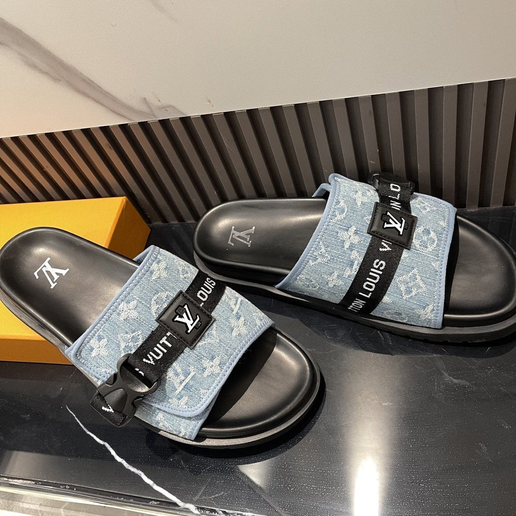 Louis Vuitton Light Blue and Black Slide Sandals — side