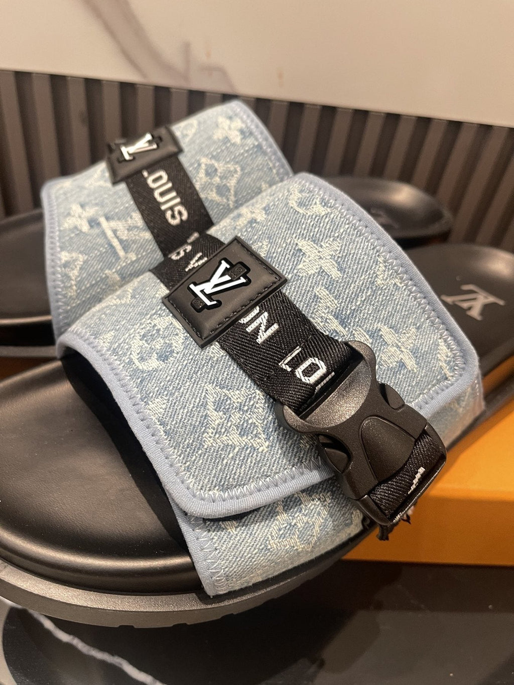 Louis Vuitton Light Blue and Black Slide Sandals — front