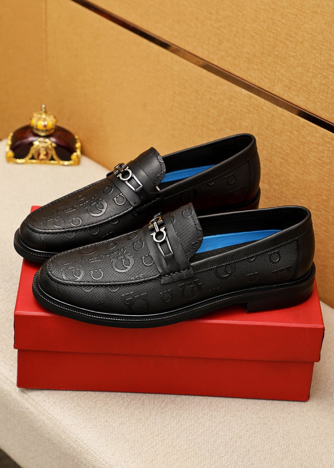 Ferragamo Black Embossed Buckle Loafers — front