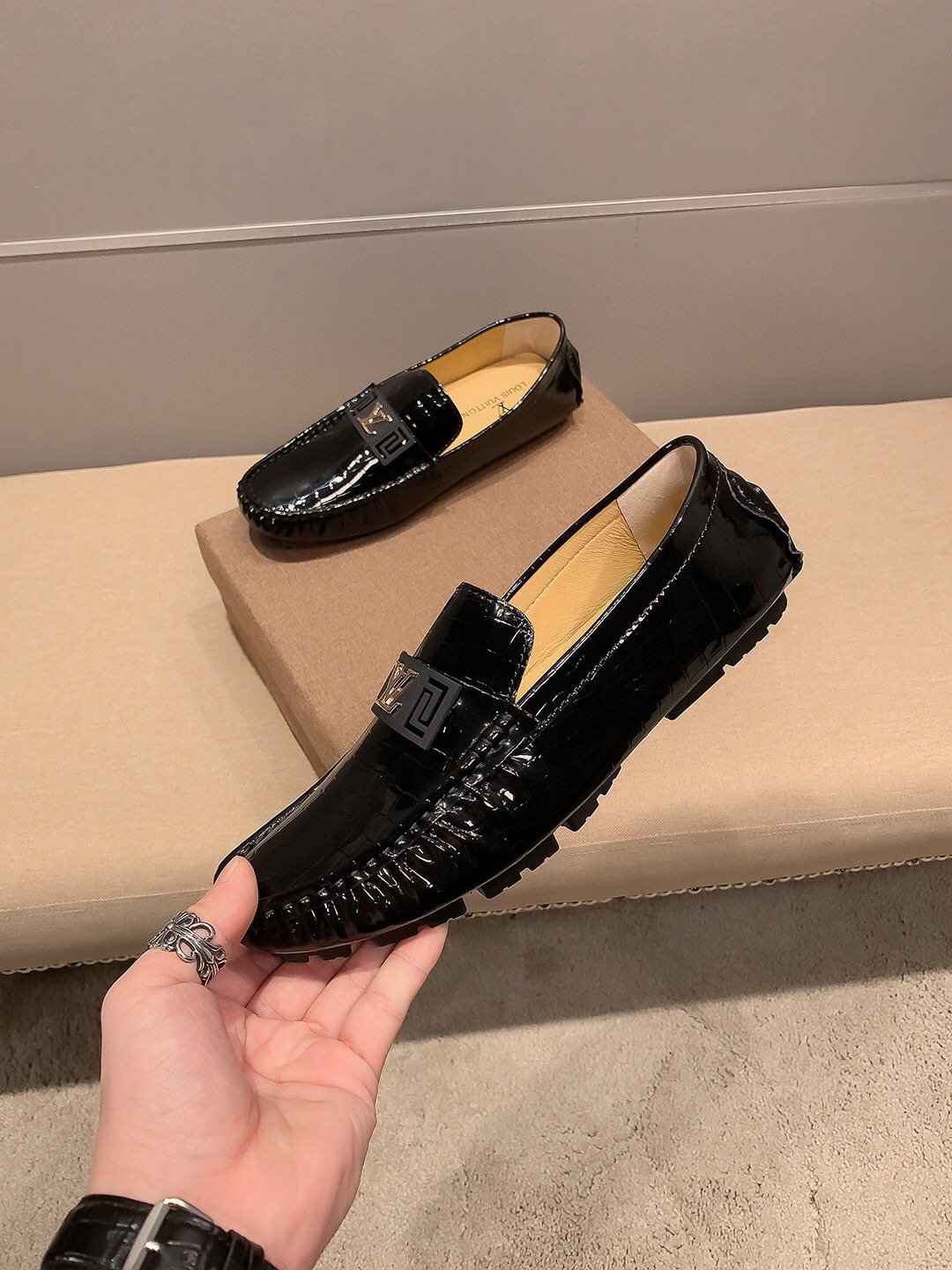 Louis Vuitton Black Embossed Loafers — side