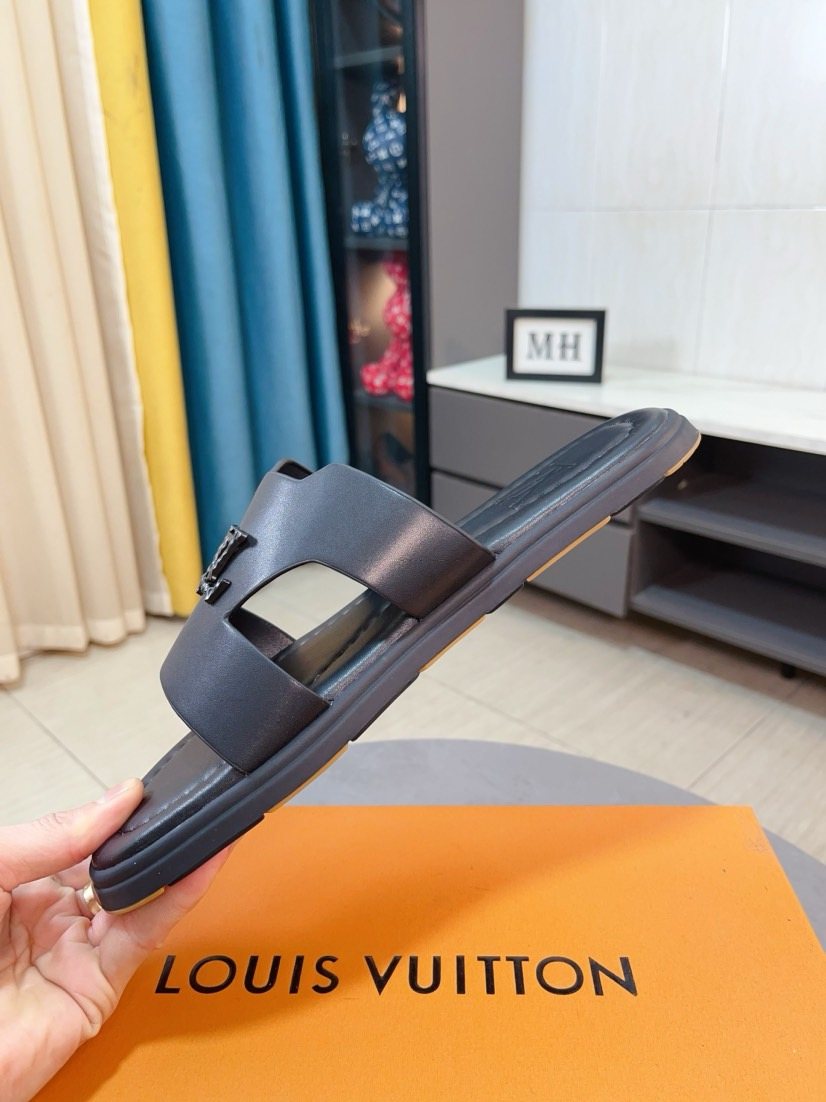 Louis Vuitton Black Cross-Strap Slide Sandals — side