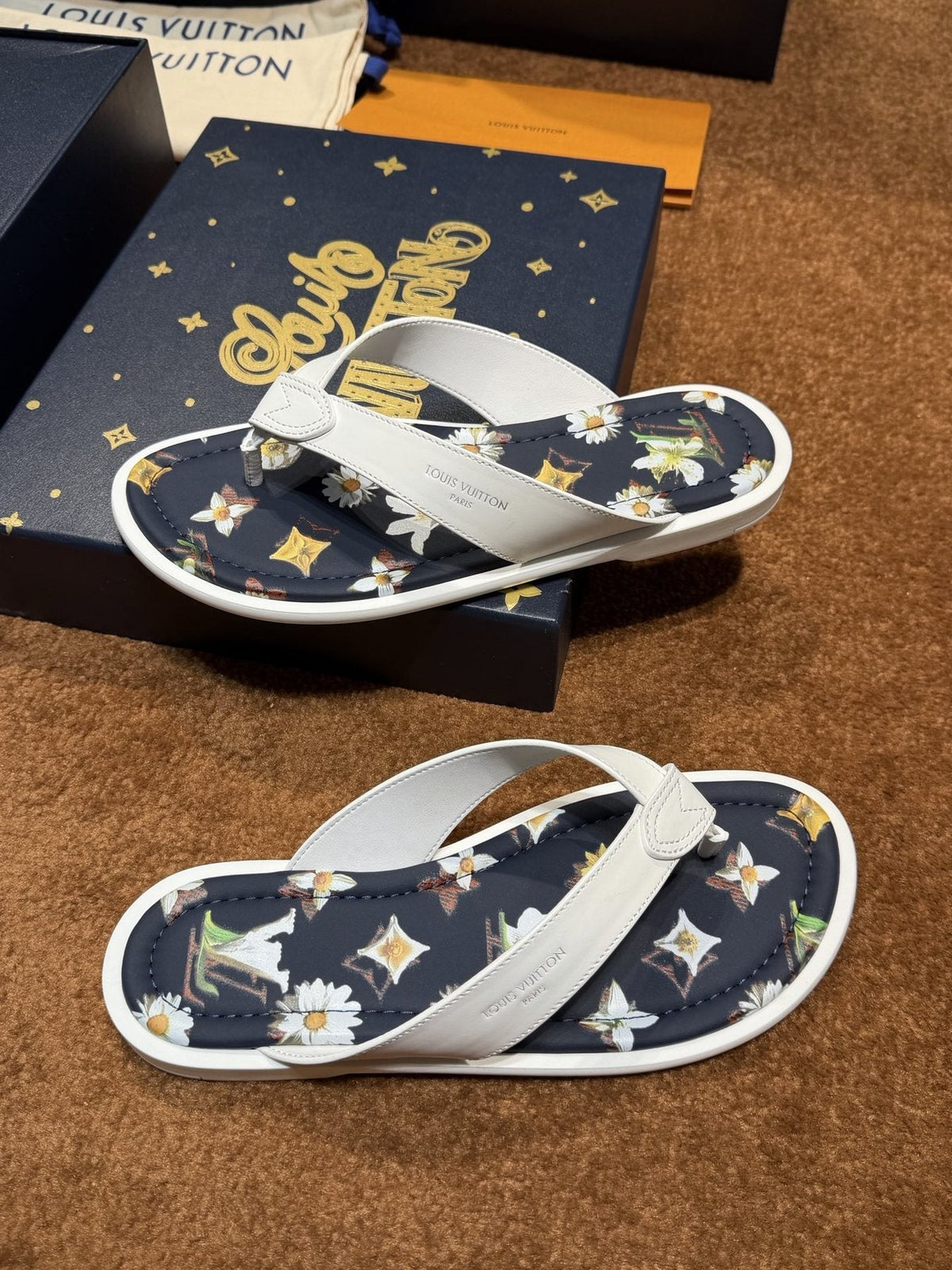 Louis Vuitton White & Navy Floral Flip-Flops — front