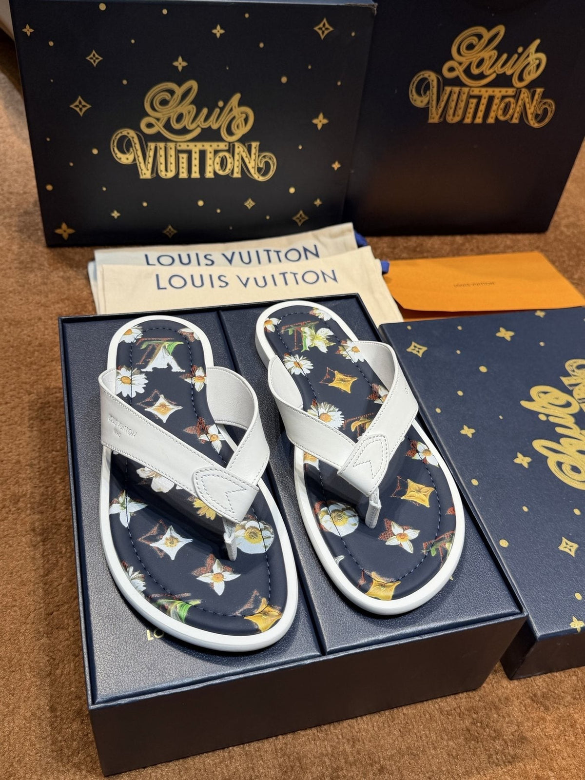 Louis Vuitton White & Navy Floral Flip-Flops — front