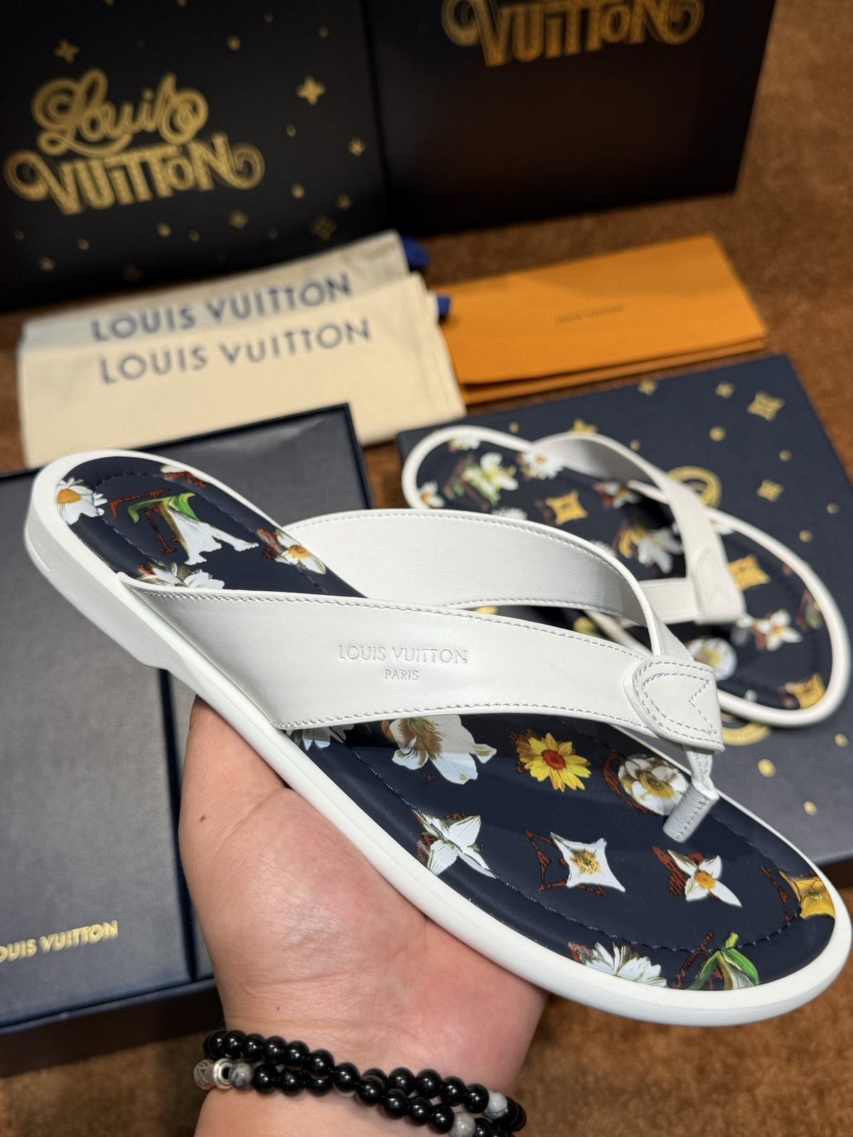 Louis Vuitton White & Navy Floral Flip-Flops — side